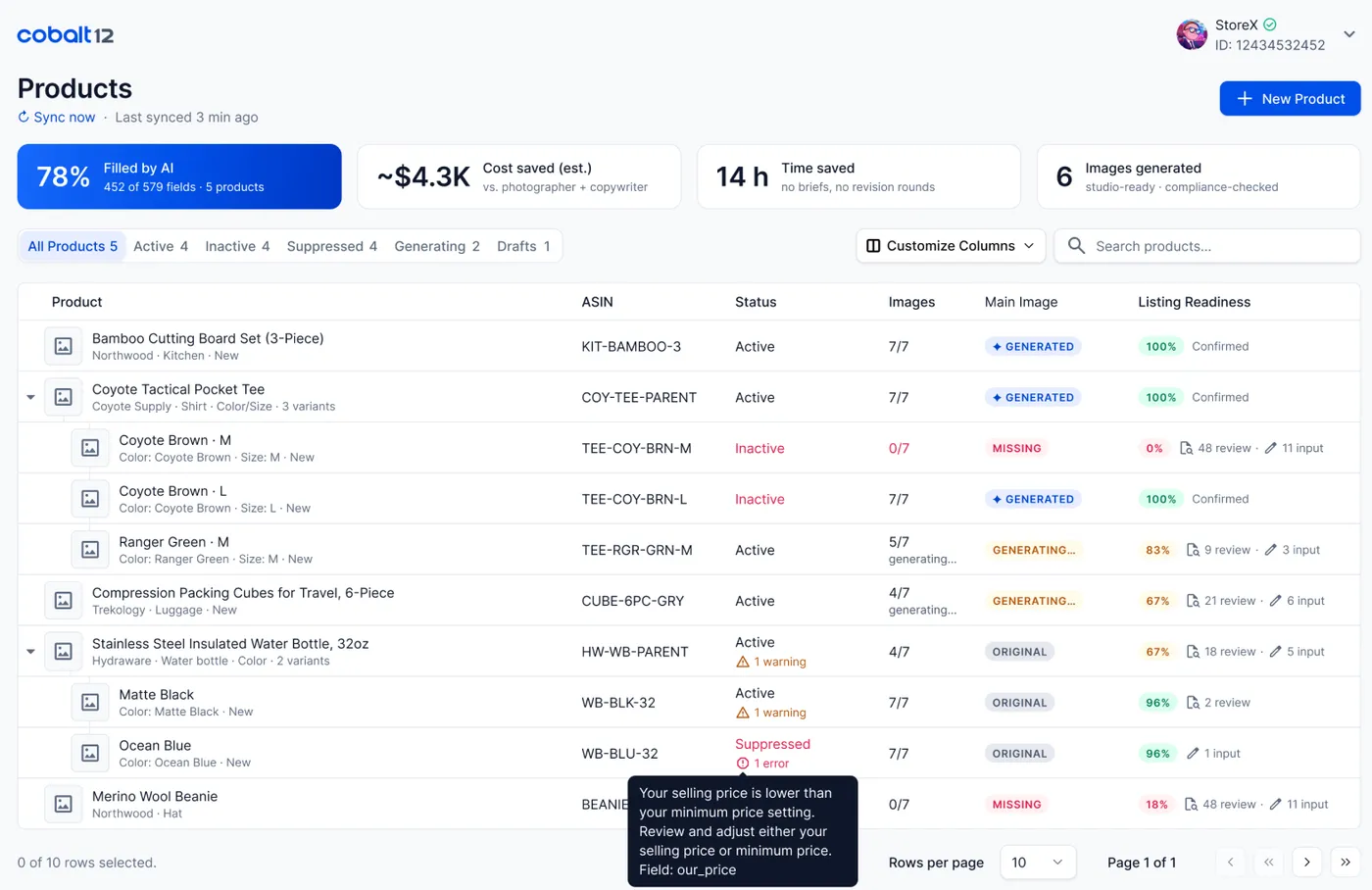 The products table with publish status