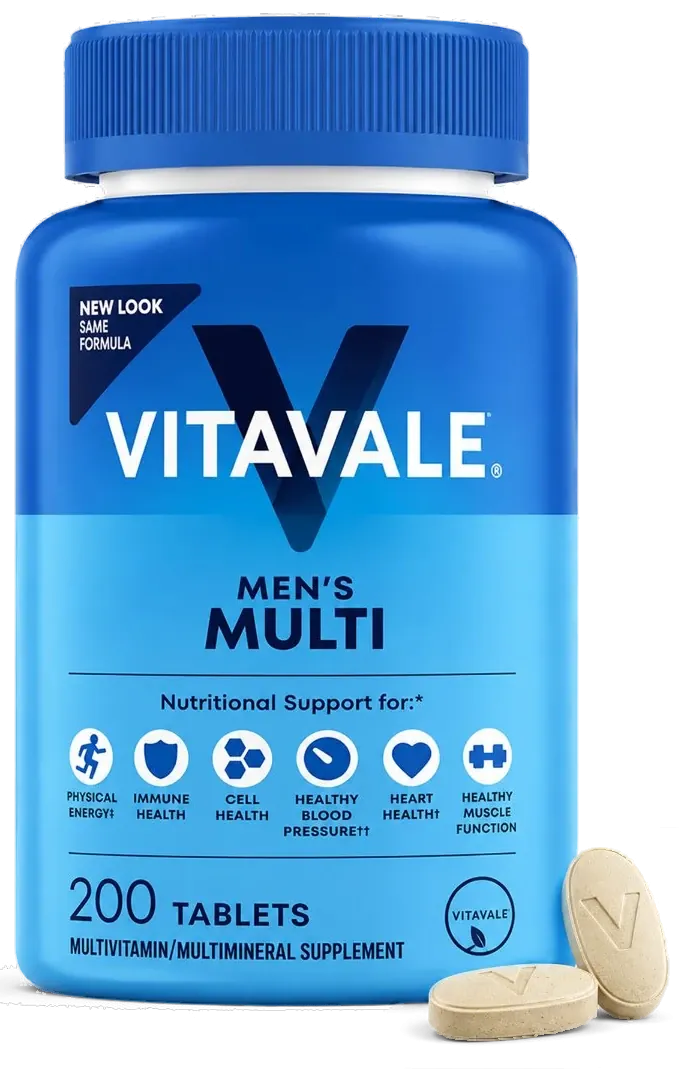 Vitavale men's multivitamin bottle close-up with tablets